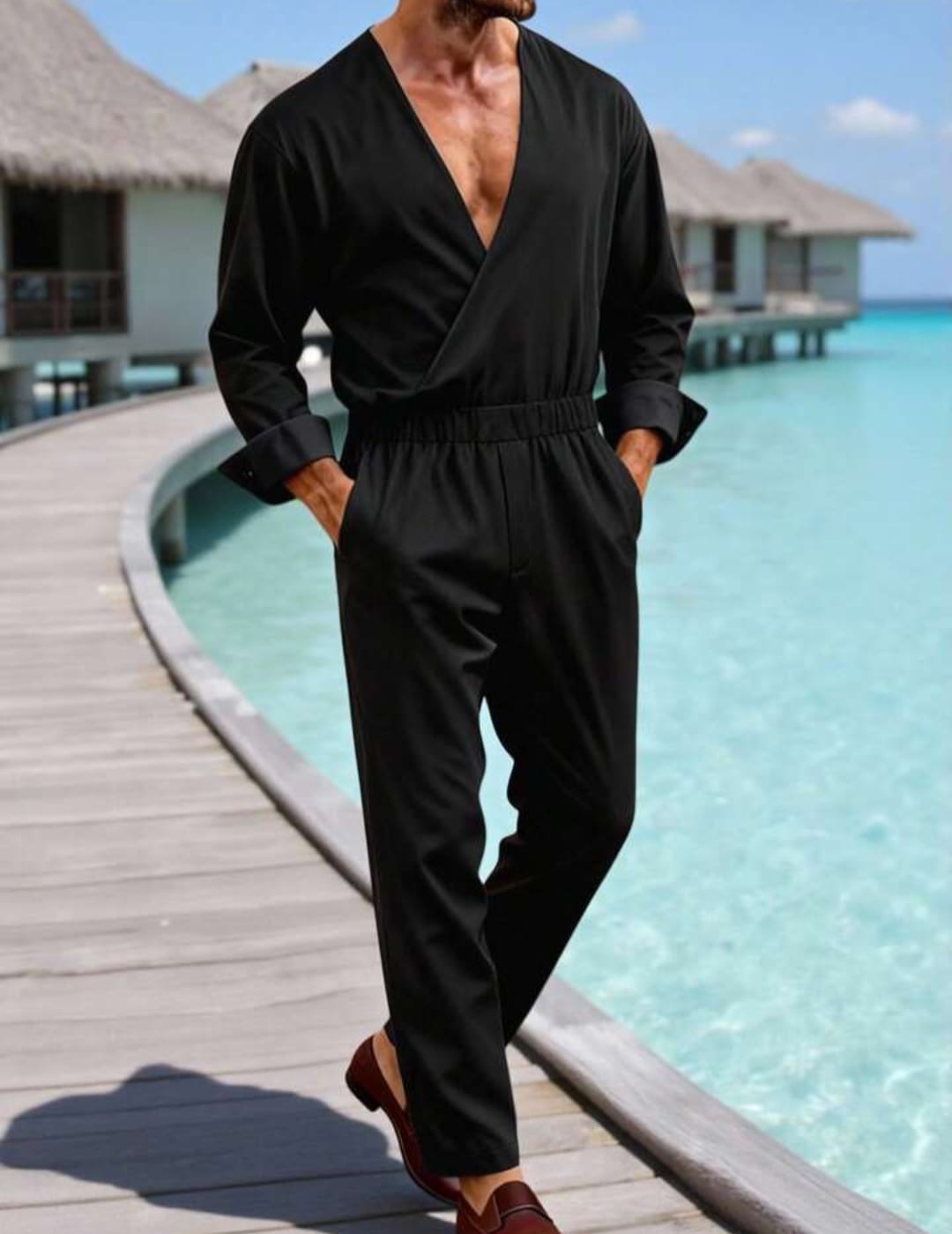 Men's Deep V-Neck Long Sleeve Casual Jumpsuit